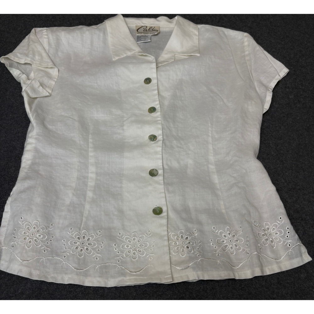 Cali Div of Carry Back Vintage White 100% Linen Eyelet Floral Blouse Top Size 10